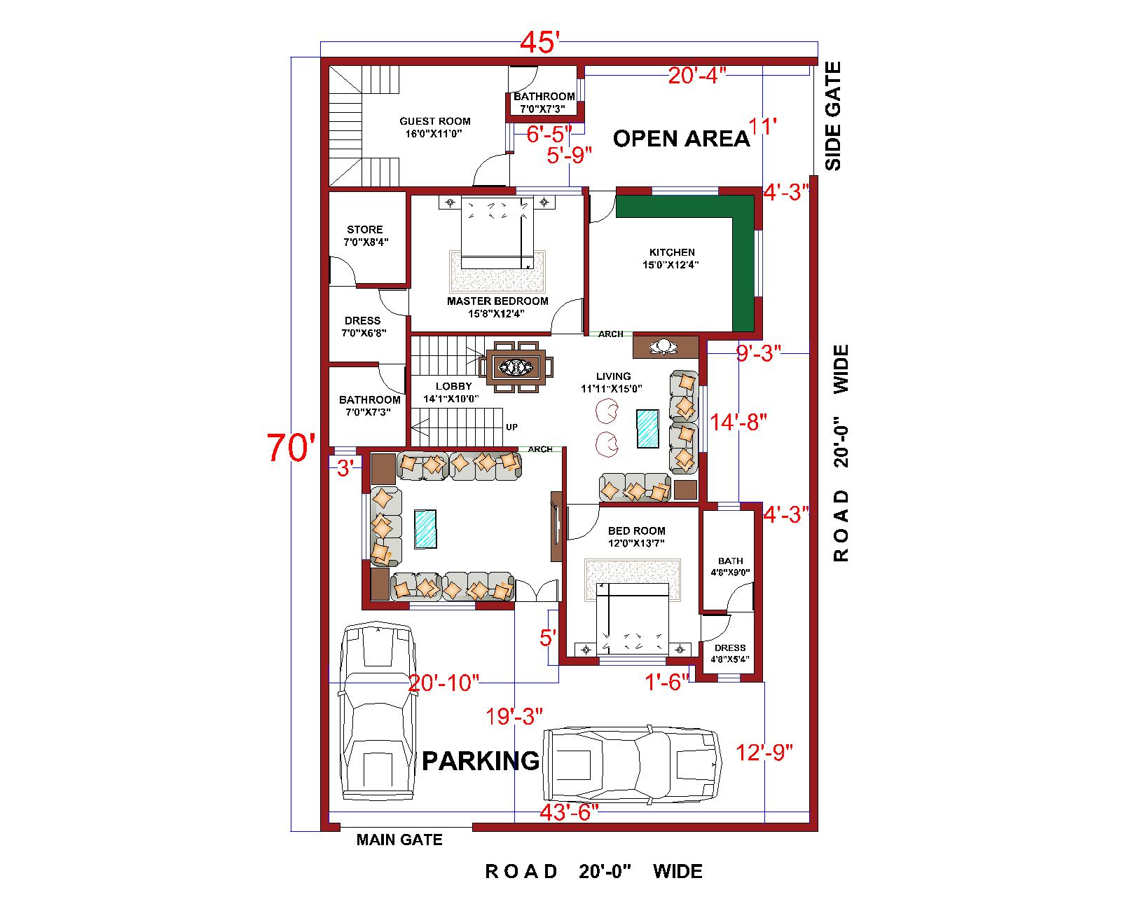 One Storey House Design Ground Floor Plan - 1350 Sqft