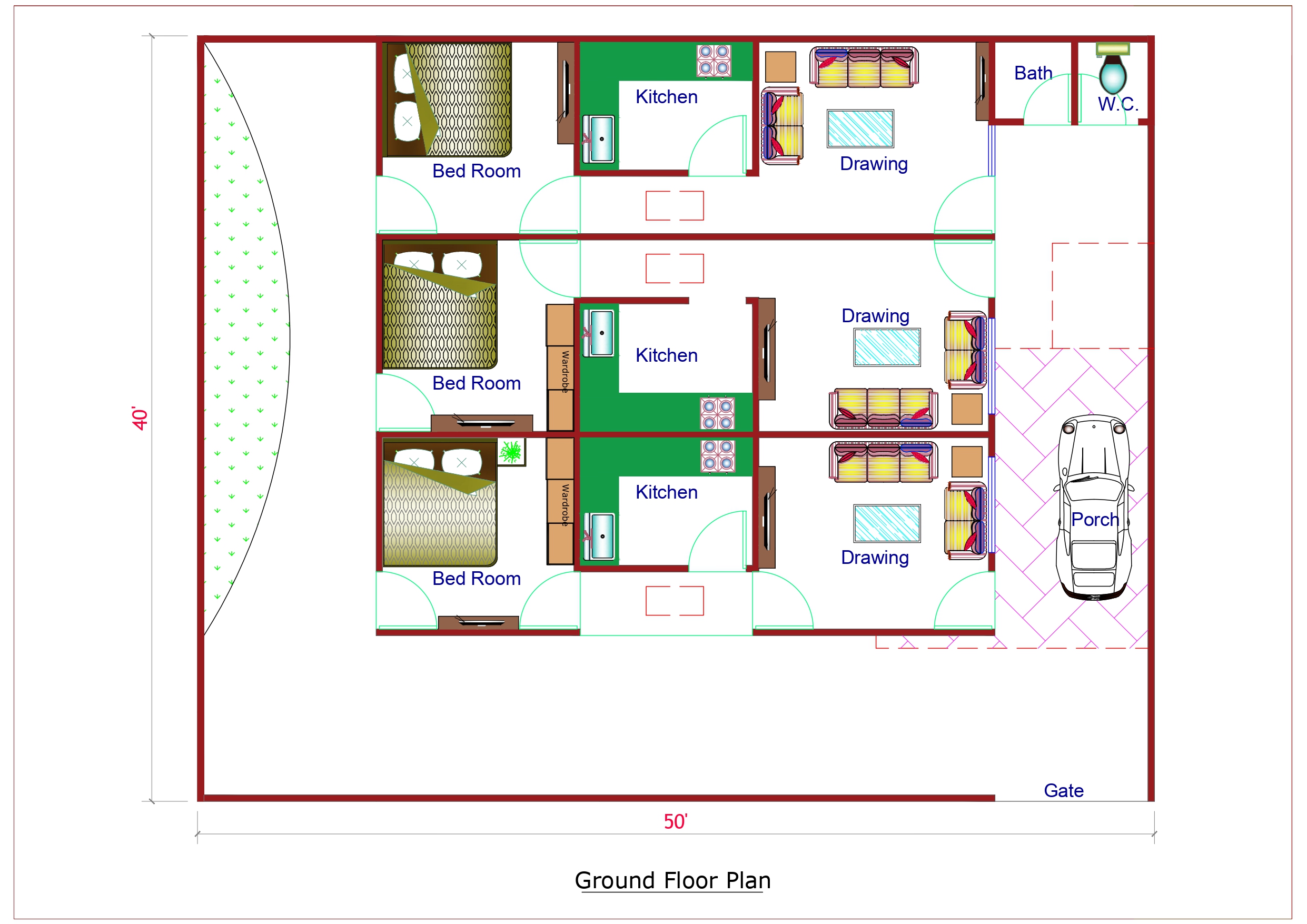 Double Story House Design Ground Floor Plan - 2000 Sqft